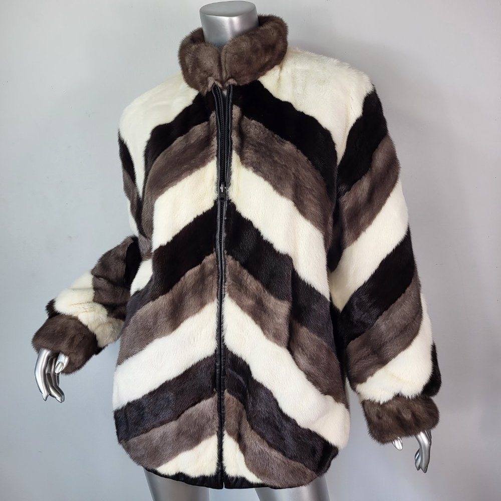 Blue Iris Striped Mink Fur Bomber Jacket - Black Sienna Whites